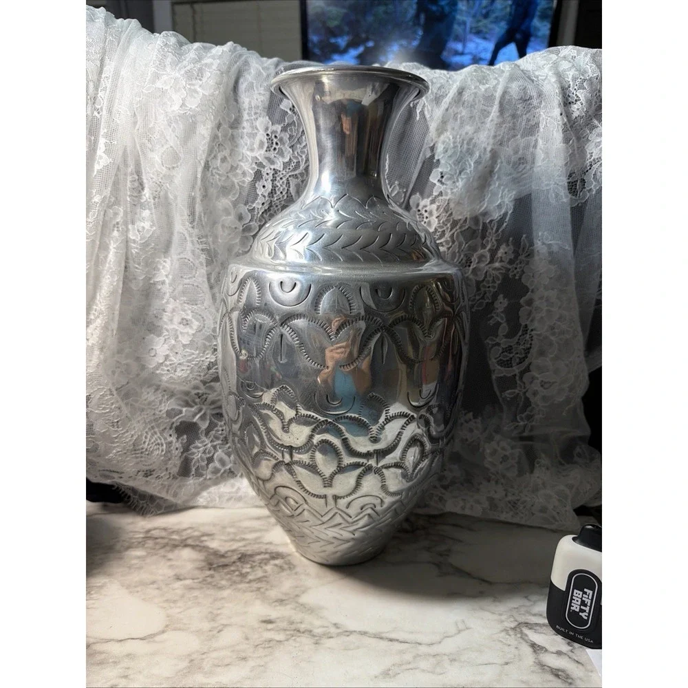 VTG Handcrafted Silver Metal Vase Indian Hammered 14